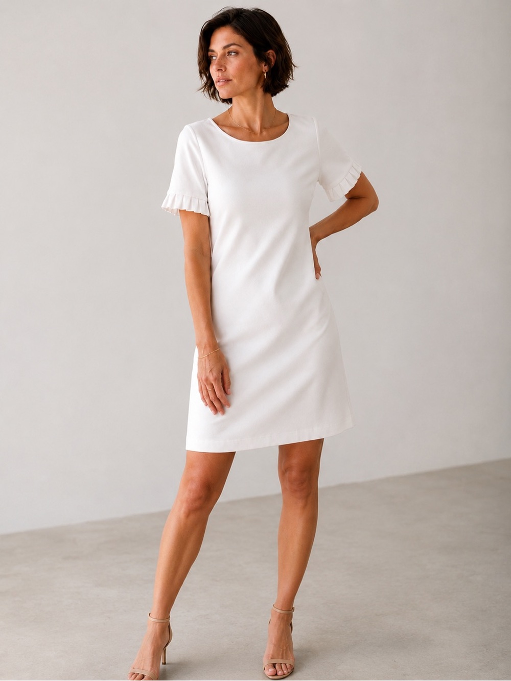 Tommy Hilfiger Scuba Crepe Sheath Dress Ruffle Sleeve Ivory White Petite 6P NWT